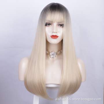 Aisi Hair Wholesale Cheap Vendor Long Natural Straight Wave Ombre Blonde Wig With Bangs For Black Women Synthetic Hair Wigs